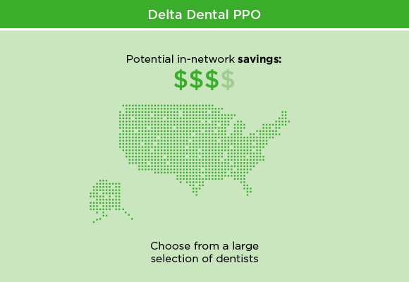 A United States map graphic shows Delta Dental insurance coverage area with three money symbols that represent savings