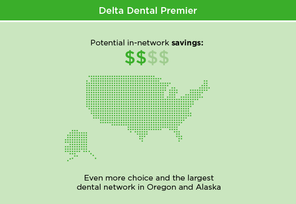 A United States map graphic shows Delta Dental insurance coverage area with two money symbols that represent savings 