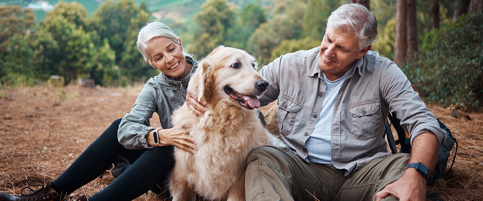 A husband and wife out in the forest with their dog
